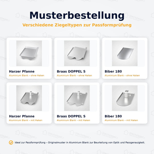 PV-Blechziegel Muster – 6 Varianten in Aluminium Blank, Anthrazit und Ziegelrot, mit und ohne Dachhaken