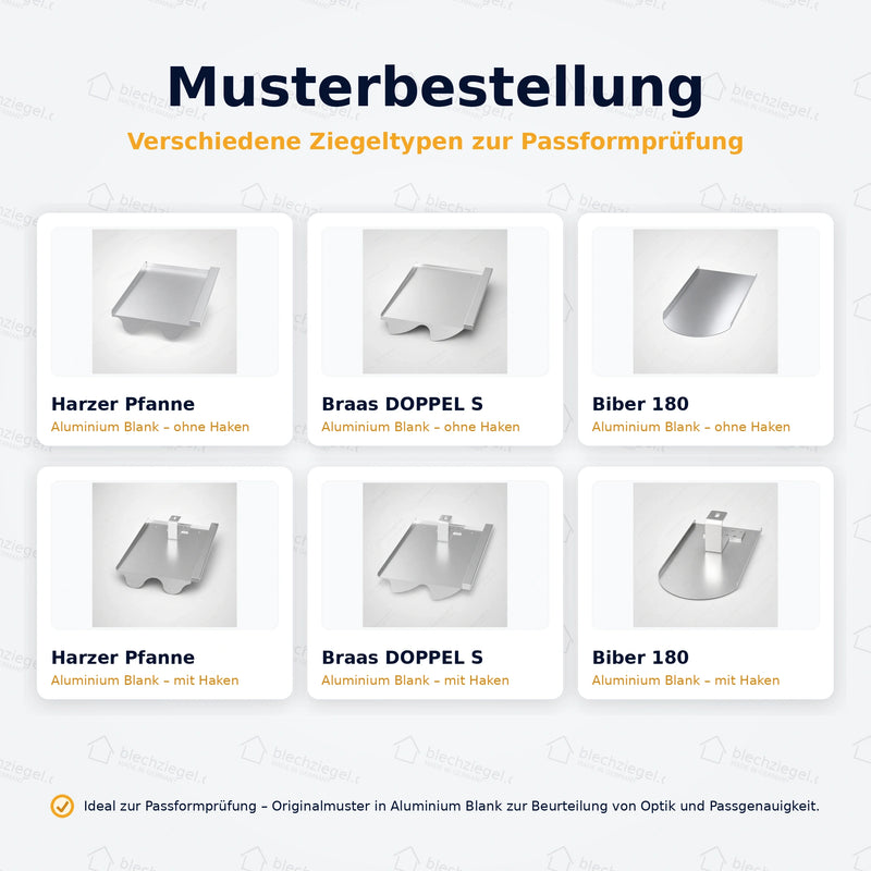 PV metal roof tile Muster – 6 Varianten in Aluminium Blank, anthracite and tile red, with and without roof hook