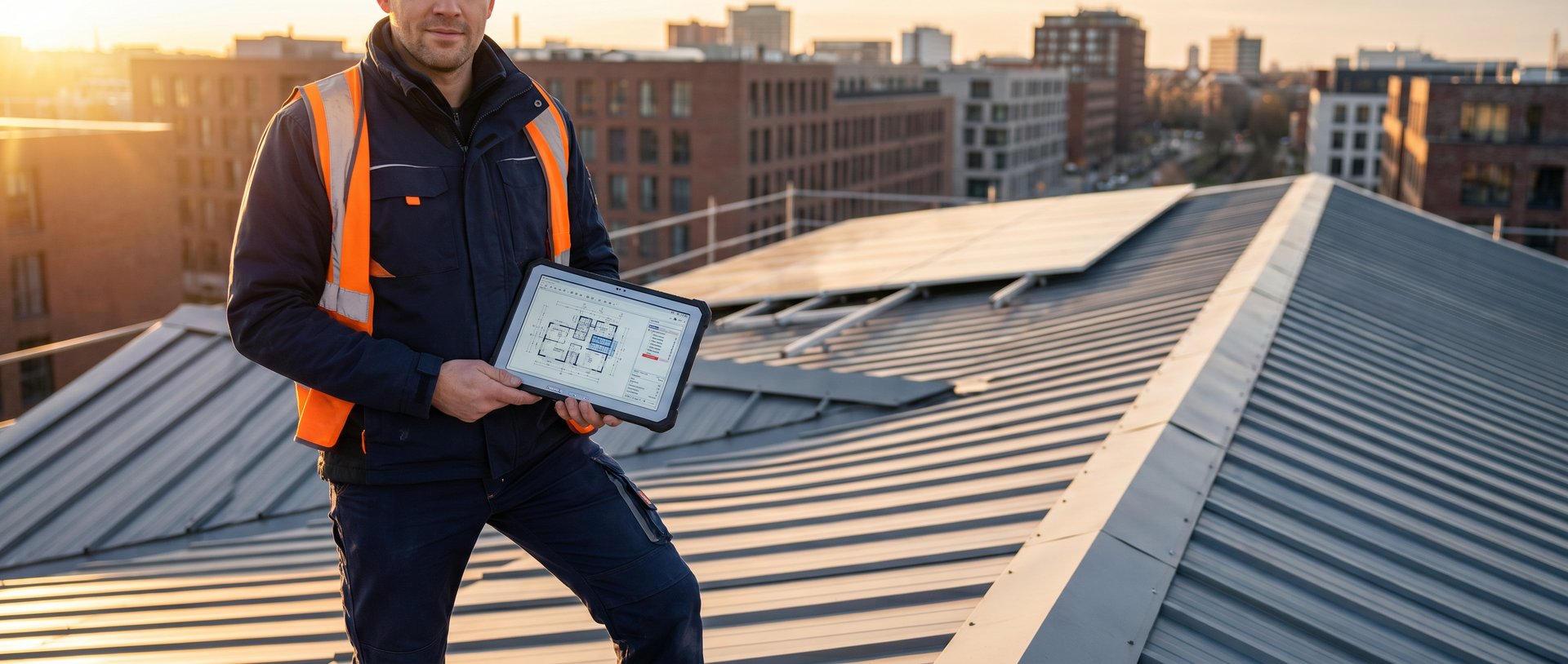 Dachdecker mit Tablet auf Blechziegeldach plant PV-Projekt – Projekt-Anfrage bei blechziegel.de
