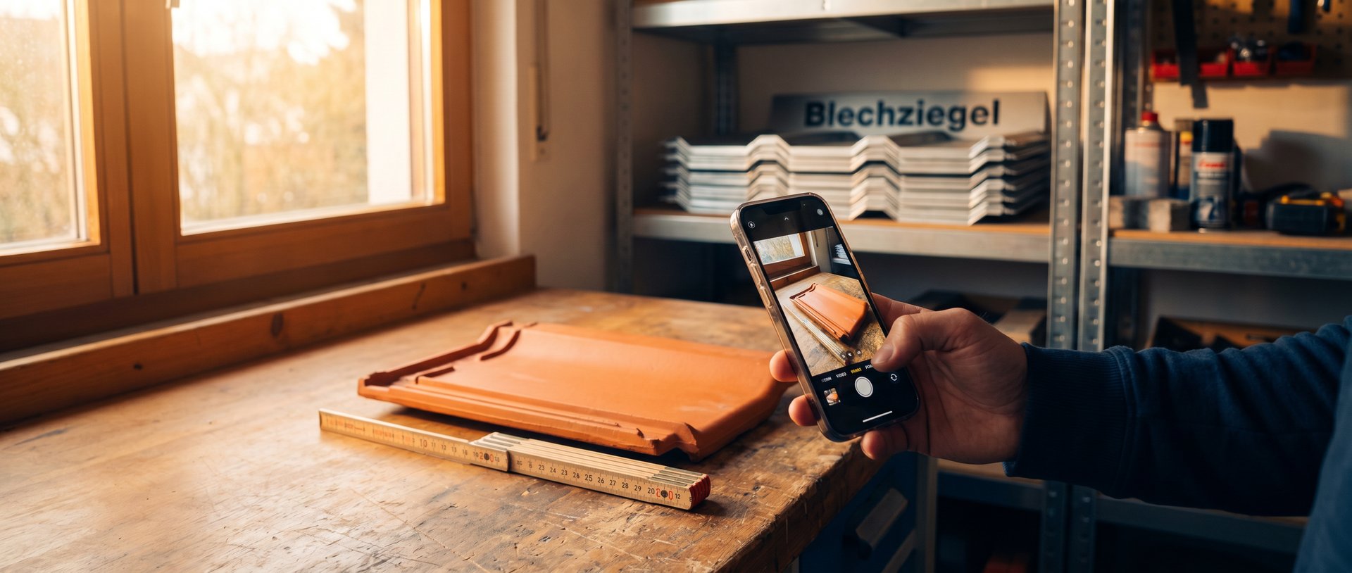 Smartphone fotografiert Dachziegel auf Werkbank neben Zollstock – Ziegel per Foto identifizieren lassen bei blechziegel.de