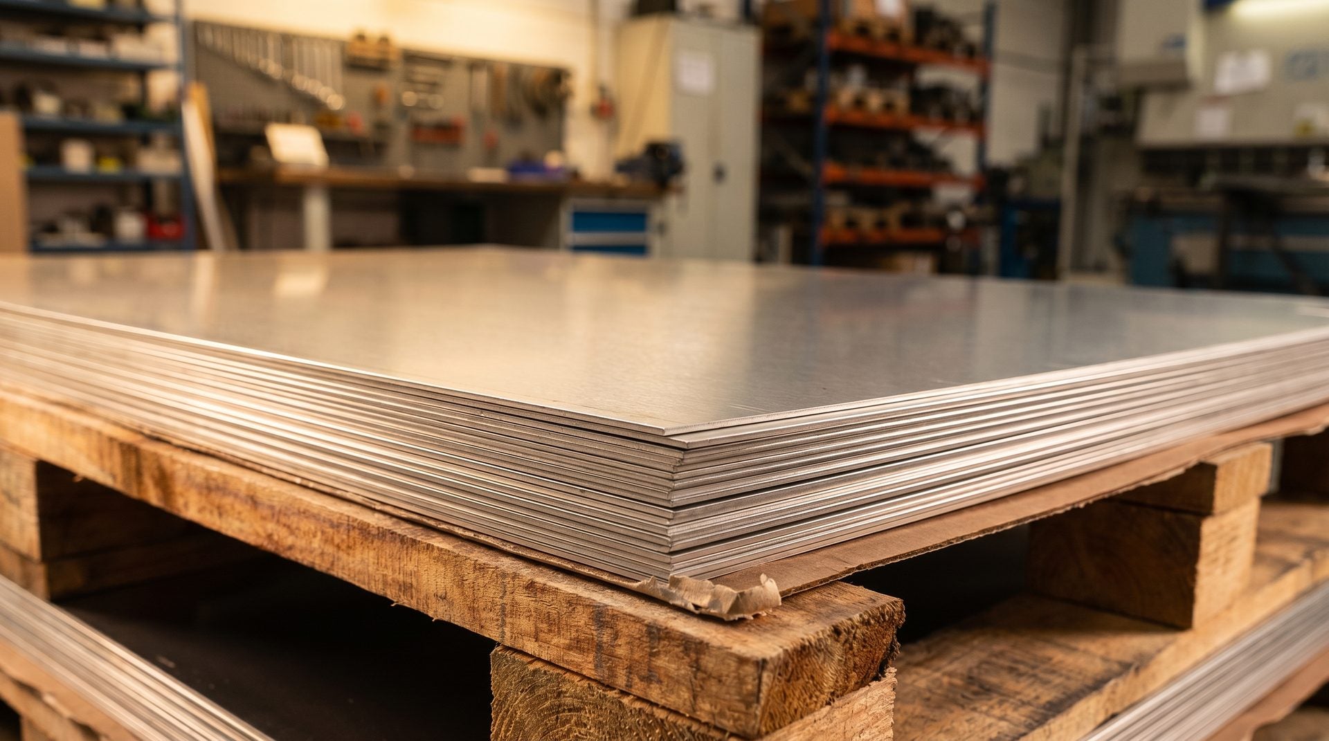 Gestapelte Aluminium-Bleche auf Holzpalette in Produktionshalle – Rohmaterial für Blechziegel