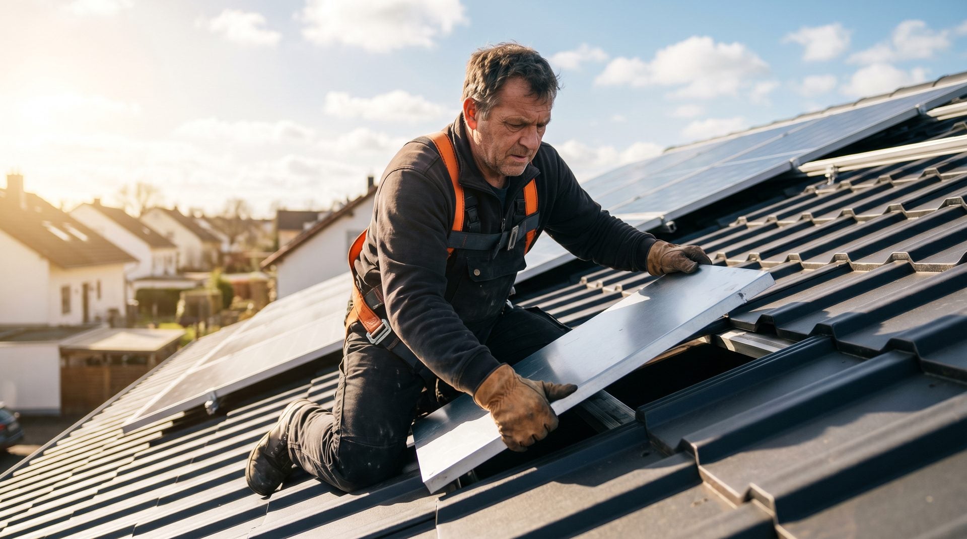 Dachdecker montiert Blechziegel als Ersatzziegel auf einem Dachziegel-Dach für die PV-Installation