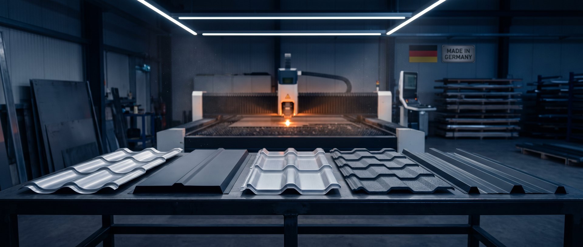Aluminium-Blechziegel-Profile verschiedener Hersteller auf Werkbank in deutscher Laser-Produktion – blechziegel.de Hersteller-Übersicht