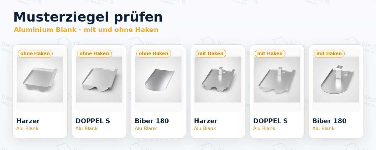 Musterziegel zur Passformprüfung in Aluminium Blank mit und ohne Dachhaken