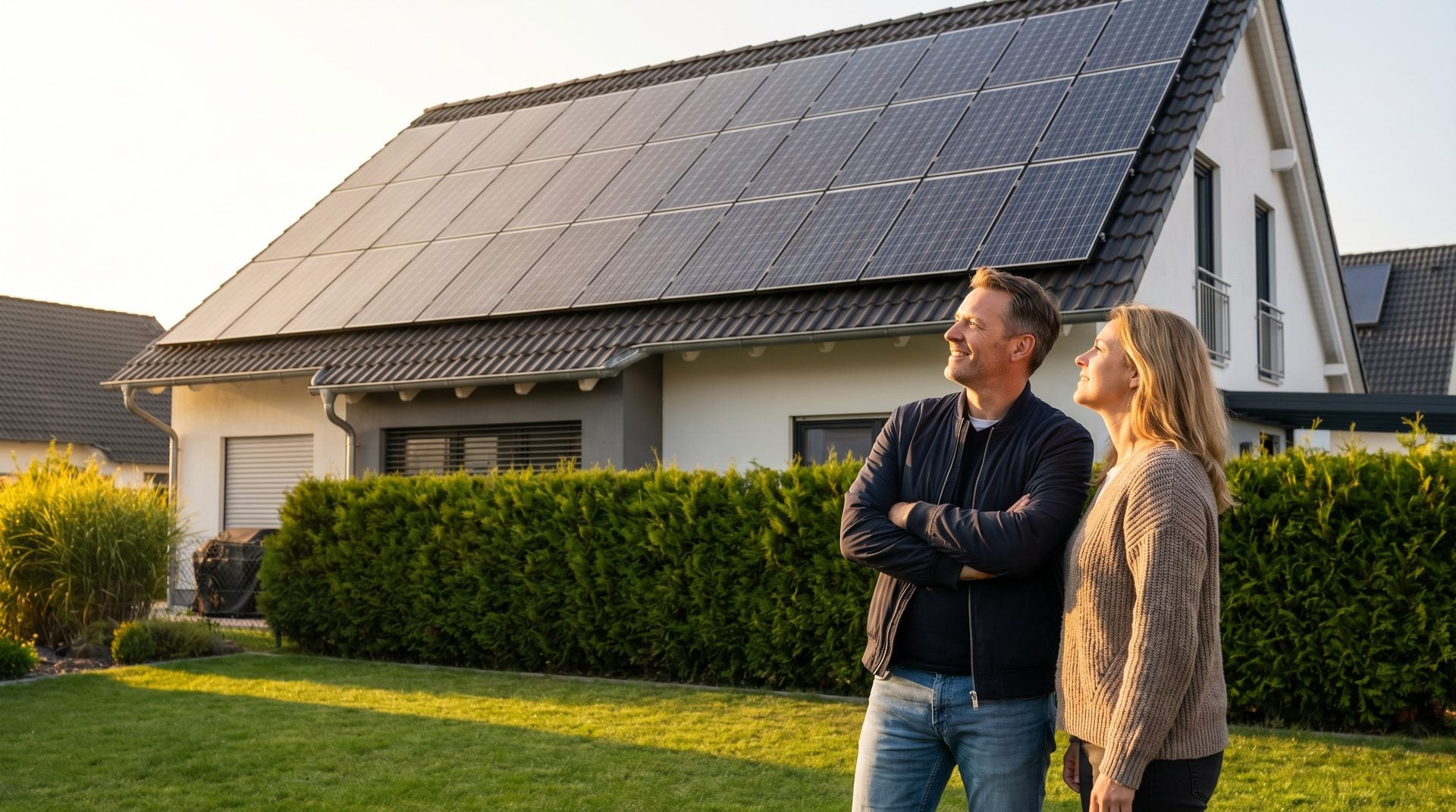 Fertig montierte Solaranlage auf einem Ziegeldach mit Aluminium-Blechersatzziegeln