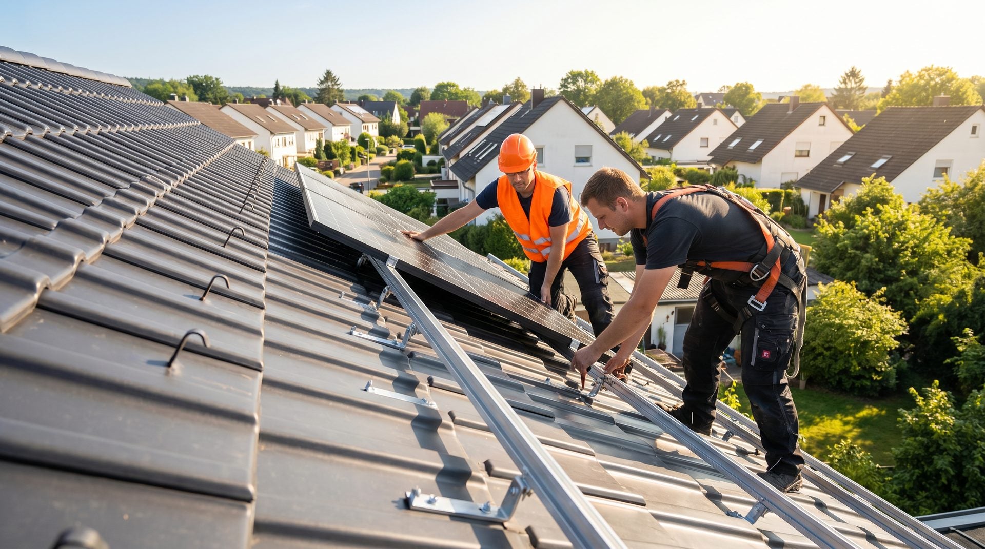 Zwei Installateure montieren ein Solarpanel auf einem Dach mit Blechersatzziegeln als Dachhaken-Basis